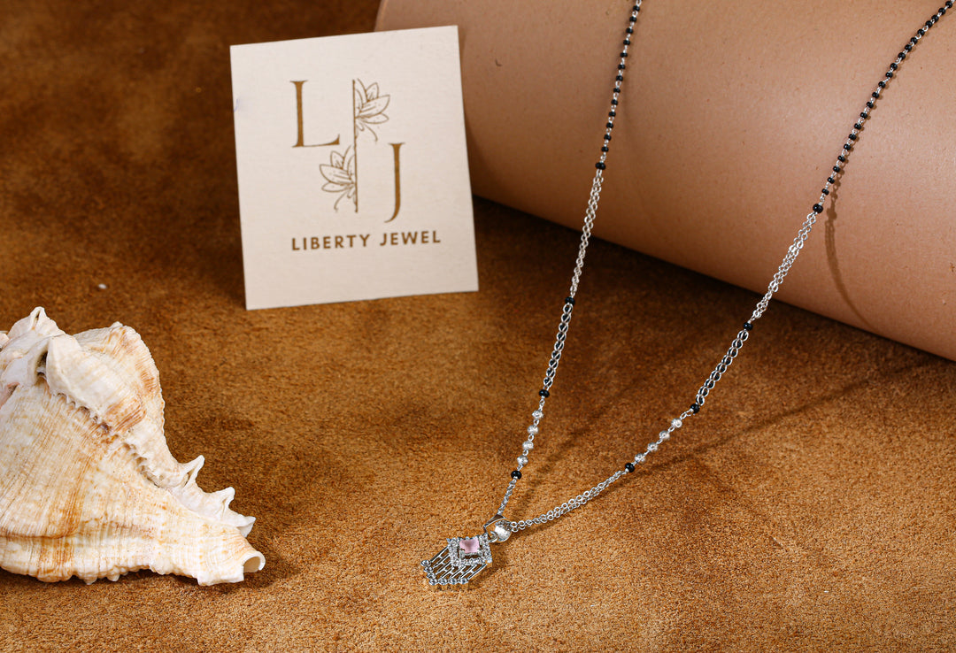 Intricate Silver Mangalsutra with Pink Gem Pendant by Liberty Jewel