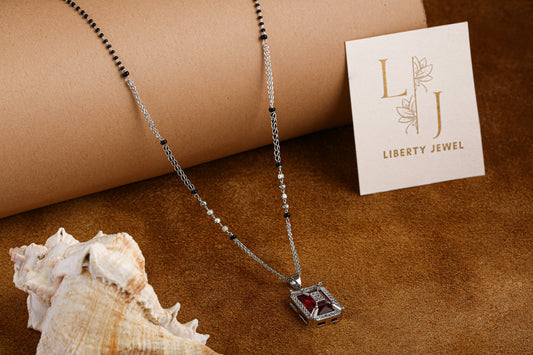 Silver Mangalsutra Necklace with Bold Red Pendant by Liberty Jewel