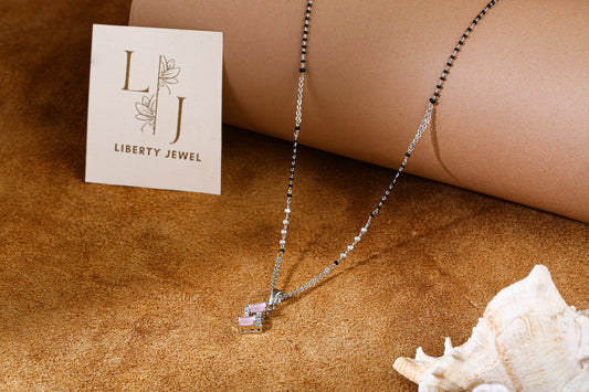 Silver Mangalsutra Necklace with Double Pink Stone Pendant by Liberty Jewel